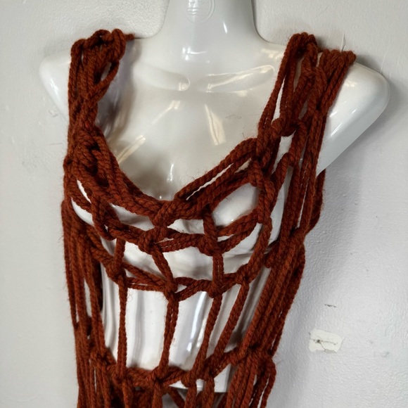 custom hand knit knotted rust red net dress sleeveless scoop neck high low artsy - Picture 3 of 15
